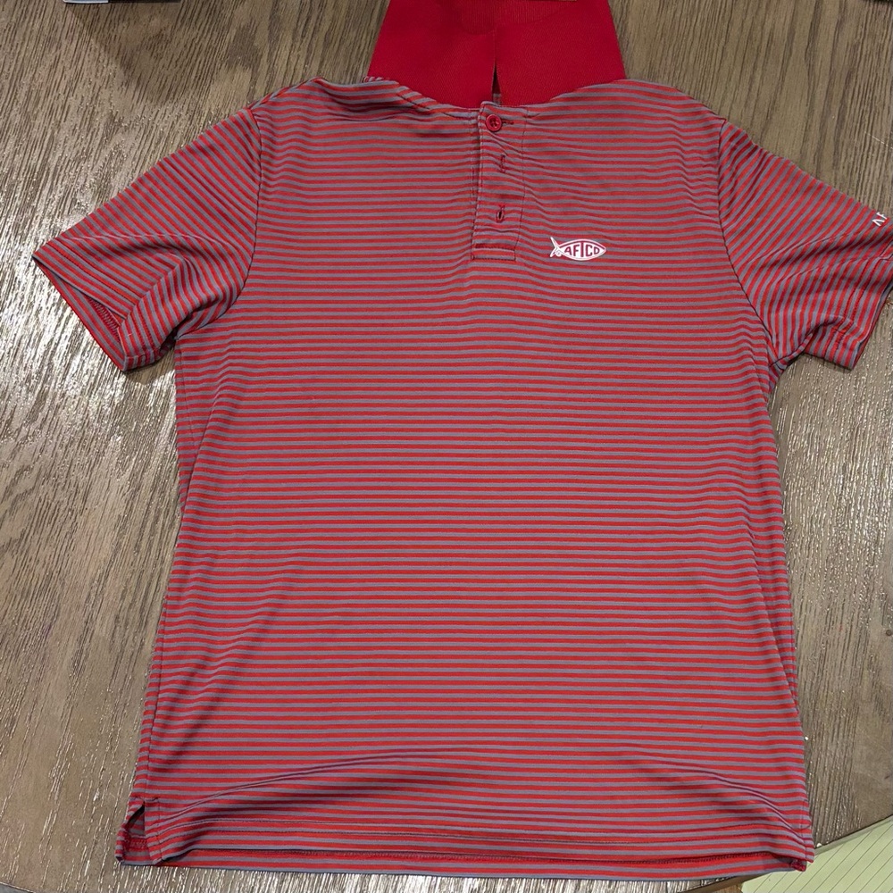 AFTCO Kids AFTECH Performance Polo – Size Large (14-16 years) Red/Grey Stripe
